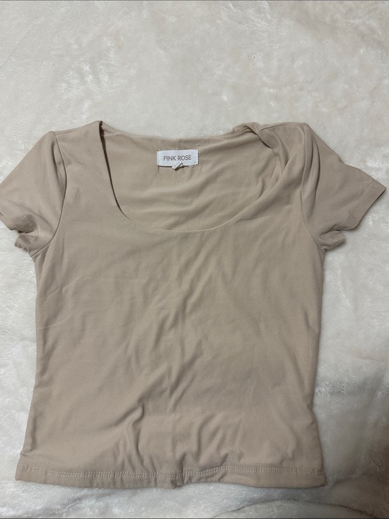 Pink Rose Tops - Pink Rose Beige Scoop Neck Short Sleeve Tee